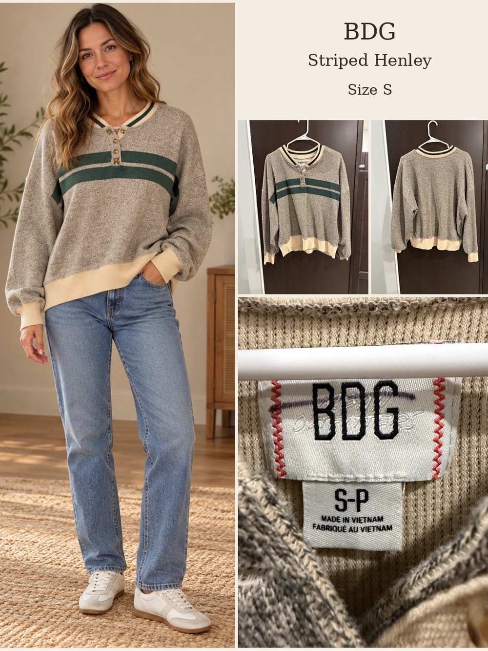 BDG Cream and Green Striped Henley Sweater